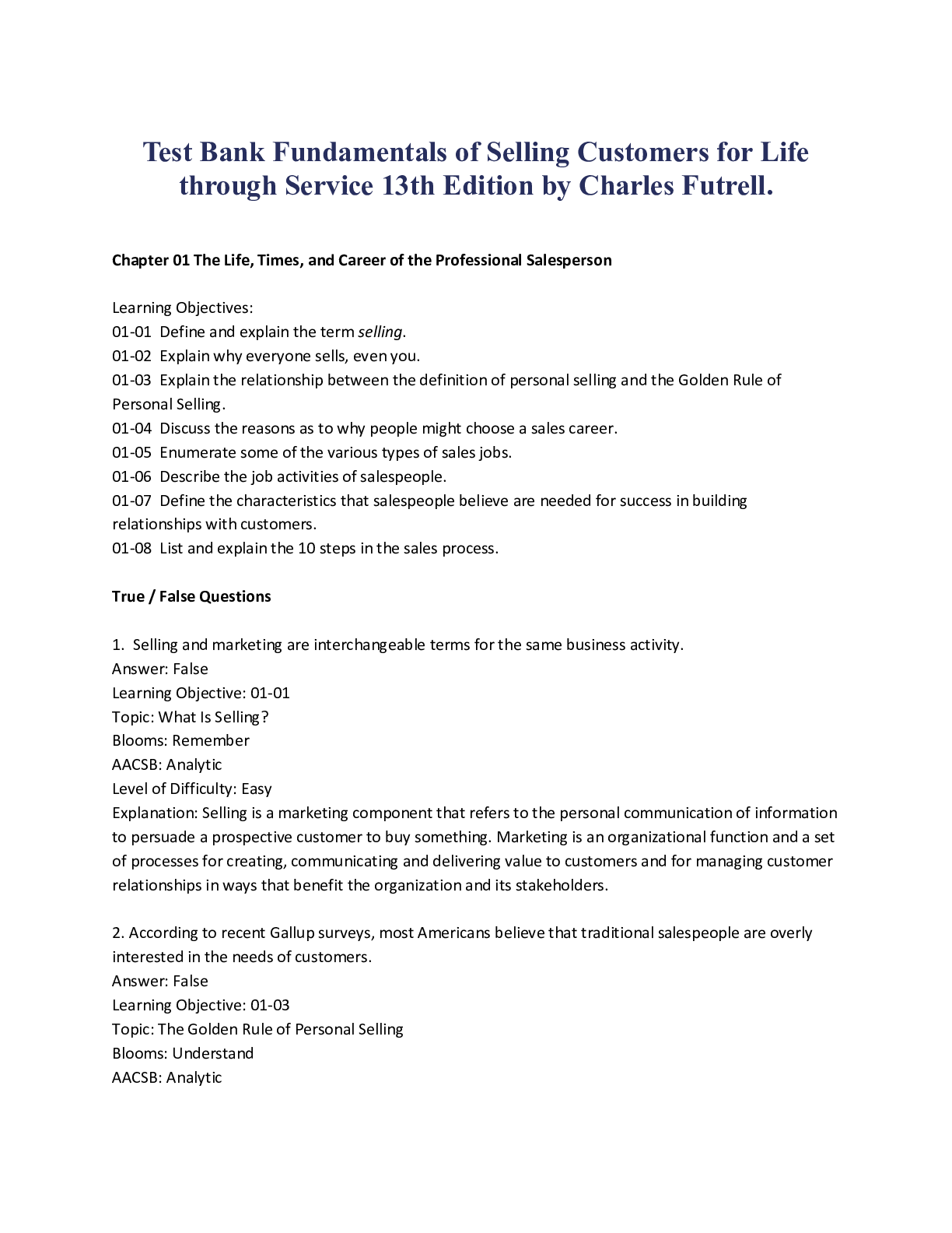 Preview image for Test Bank Fundamentals of Selling Customers for Life  through Service 13th Edition by Charles Futrell